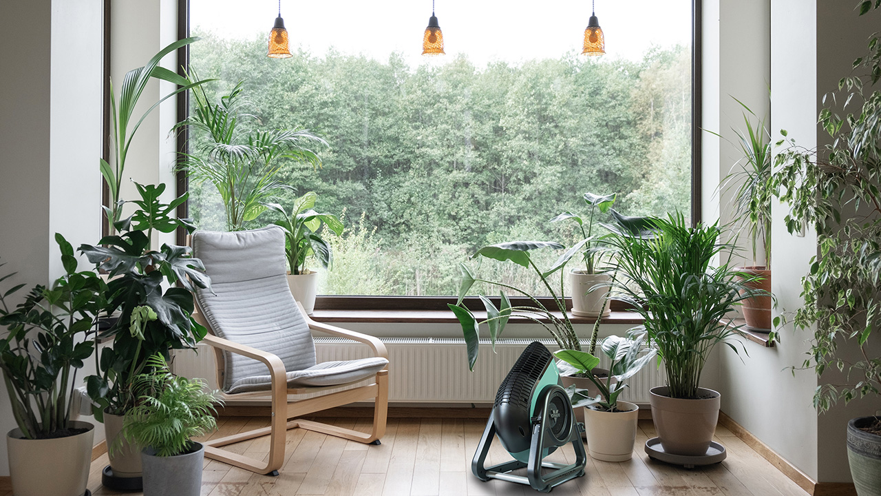 植物に直接あてない柔らかな風が必要な時は、上に向けて空気を拡散します。