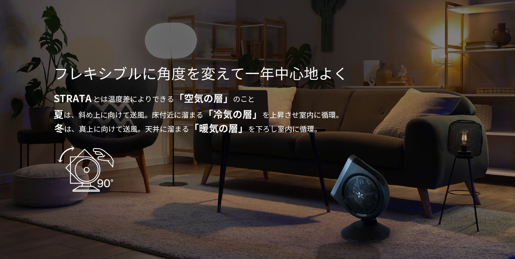 フレキシブルに角度を変えて一年中心地よく　STRATAとは温度差によりできる「空気の層」のこと　夏は、斜め上に向けて送風。床付近に溜まる「冷気の層」を上昇させ室内に循環。冬は、真上に向けて送風。天井に溜まる「暖気の層」を下ろし室内に循環。