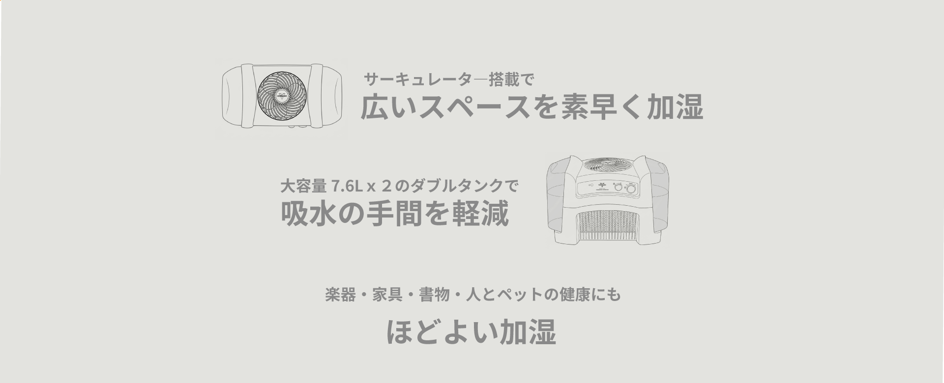 サーキュレーター搭載で広いスペースを素早く加湿　大容量7.6Lｘ２のダブルタンクで吸水の手間を軽減